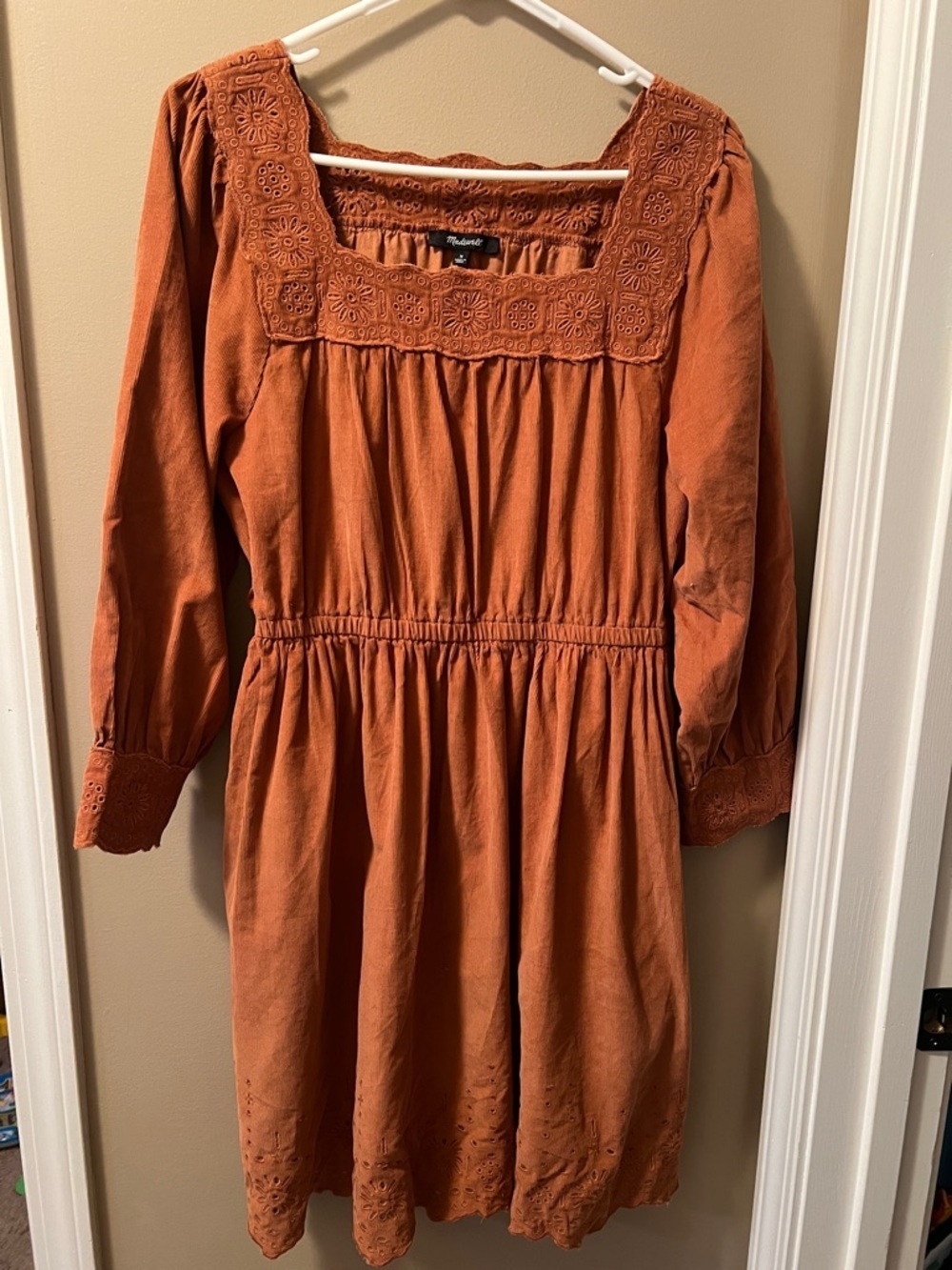 Madewell Embroidered Smocked Dress in Burnt Orange